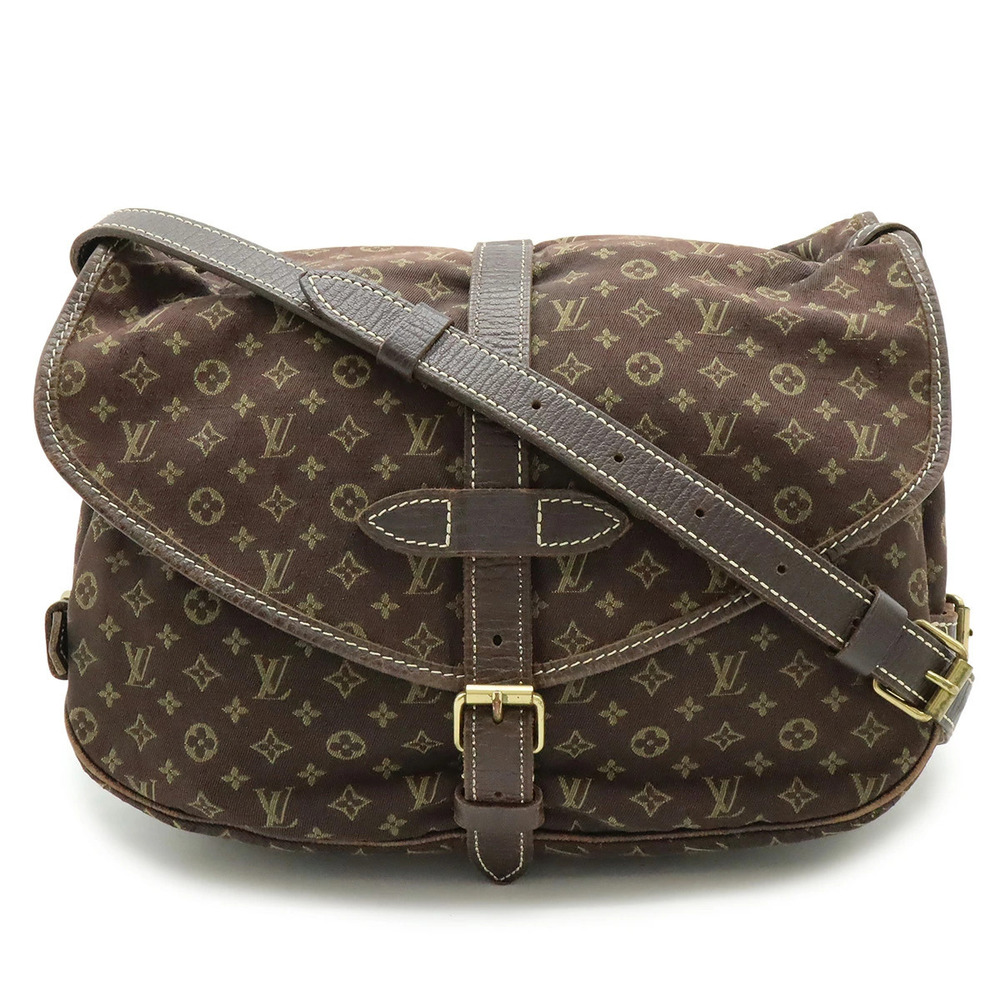 LOUIS VUITTON Monogram Lin Saumur Crossbody Bag Canvas Leather Ebene Brown